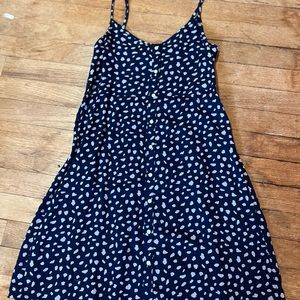 Aerie Dress Navy Blue with Grey Blue poka dots and white buttons down the middle
